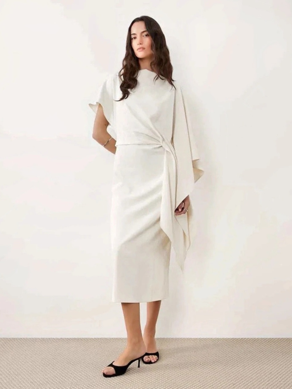 Mango boat neck asymmetrical sleeves midi dress